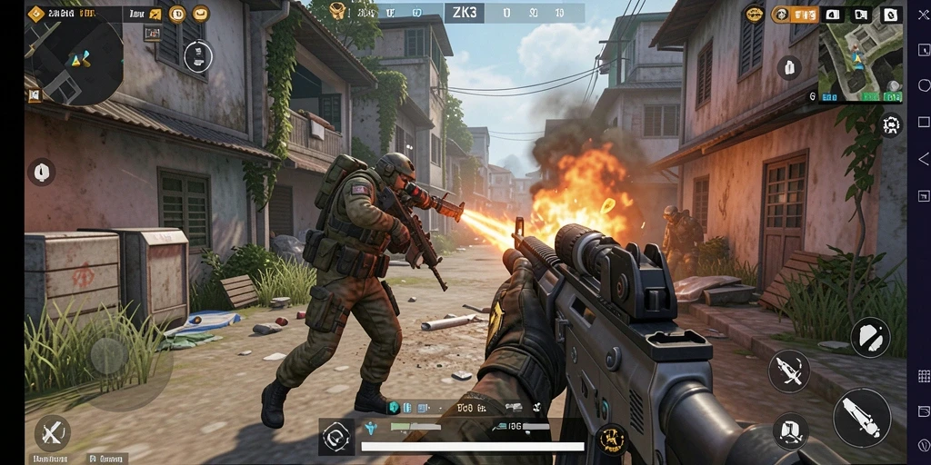Screenshot gameplay ZK3 menampilkan aksi pertempuran yang intens dan grafis yang memukau.